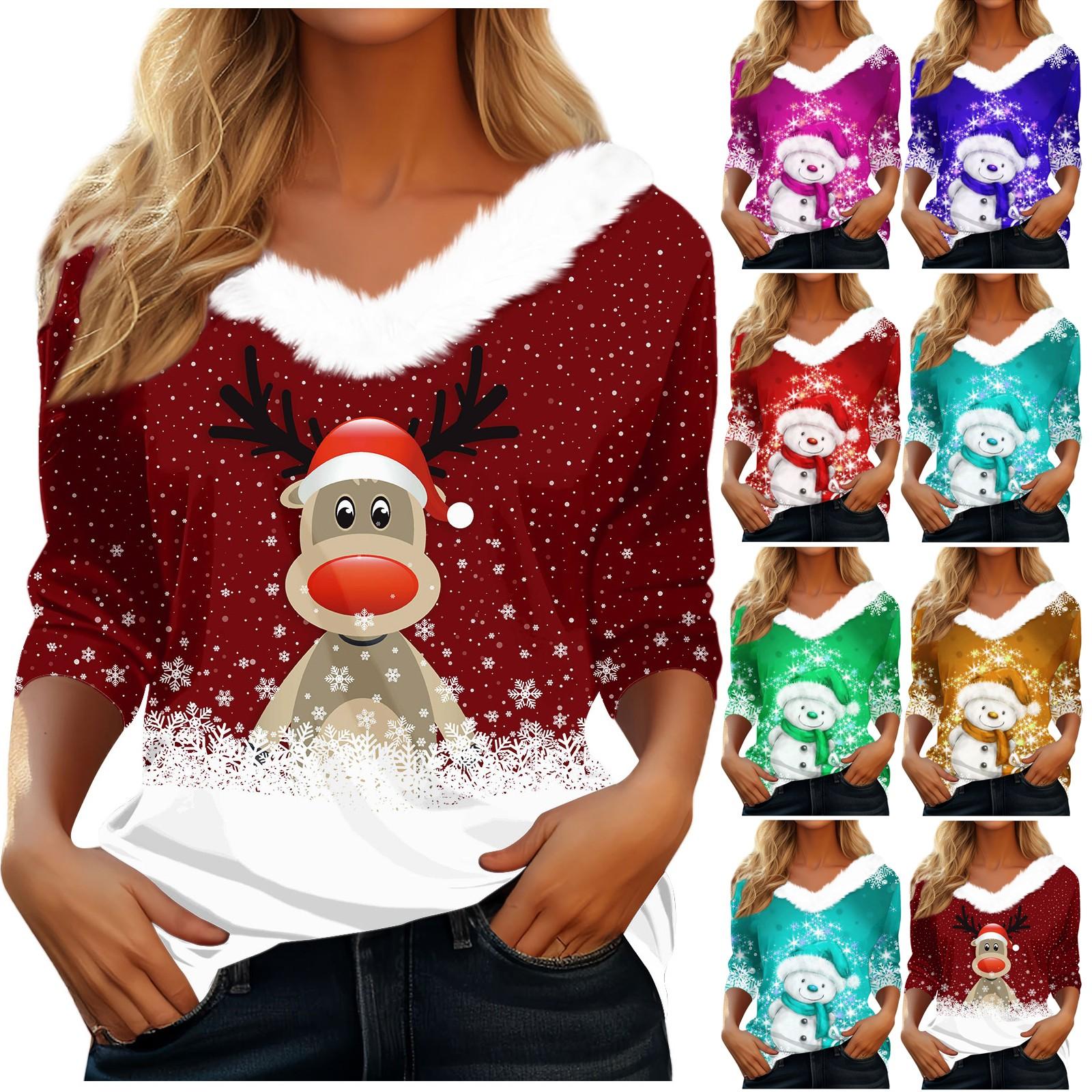 

Женская футболка, рождественская рубашка с длинным рукавом, вечерние, рождественский флисовый воротник, топ с v-образным вырезом