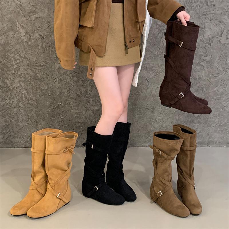 Stacking boots retro matte suede inner heightening cross belt buckle boots comfortable western cowboy high boots