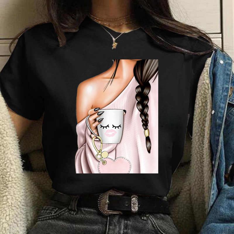 Coffee Girl Casual Women's T-shirt New Black Girl's Top Round Neck Y2K Harajuku 90S Fashion Short Sleeve Clothes,Drop Ship