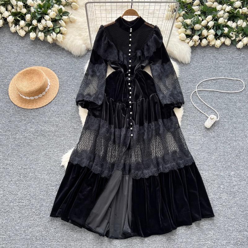 High Street Kleider Frauen Retro Hohle Spitze Patchwork Gold Samt Kleid Französisch Perle Schnalle Taille Länge Vintage Chic Kleider