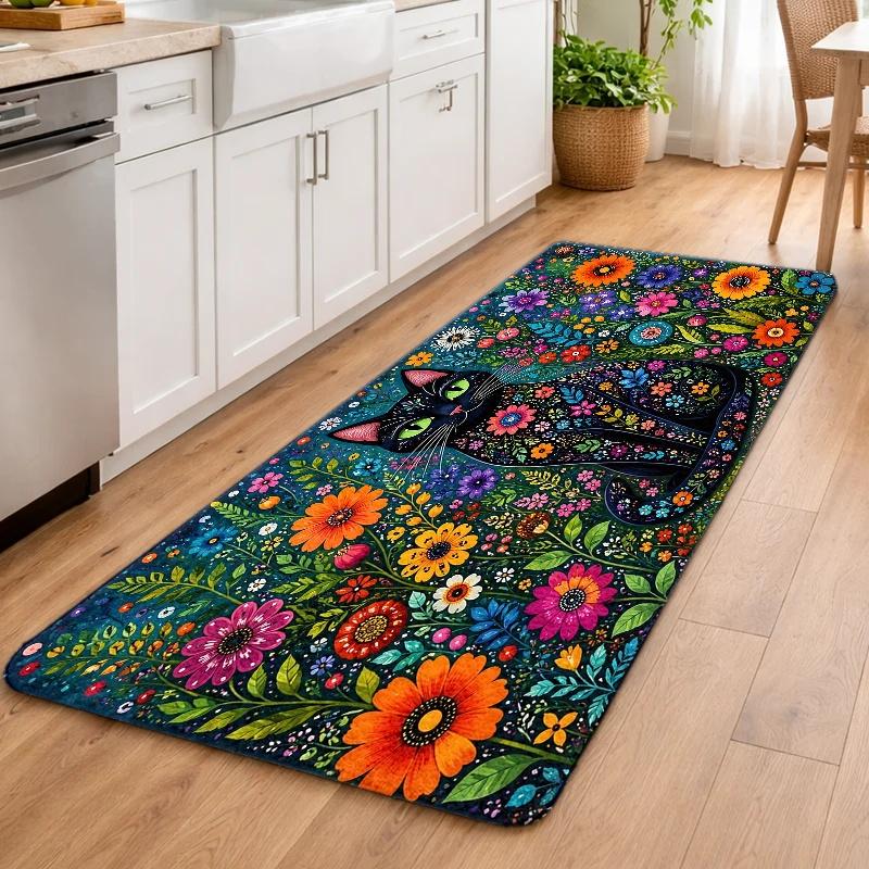 Cute Black Cat Floral Pattern Welcome Doormat Polyester Indoor Outdoor Rug Mat Cottagecore Bohemian Garden Decor for Front Door