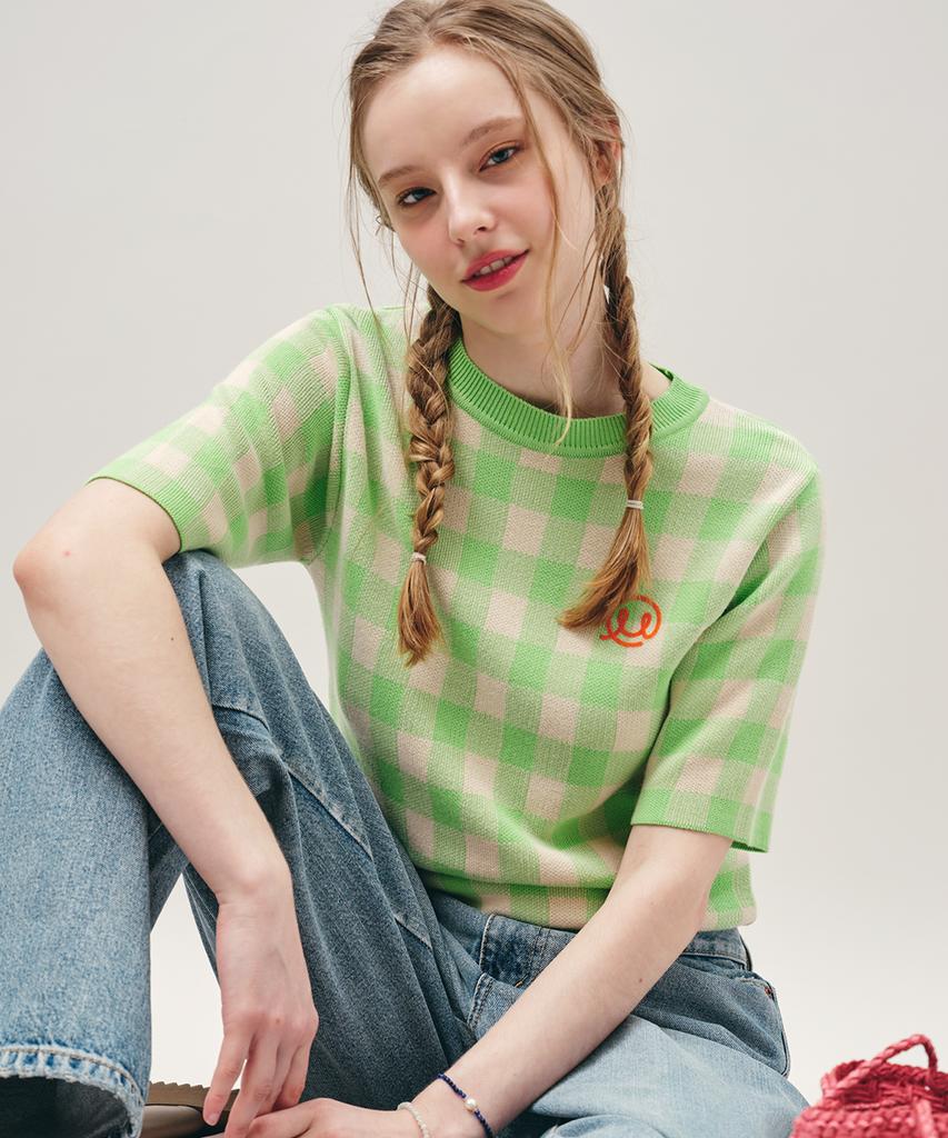 MAYOL Check Short Sleeve Crew Neck Knit_Green