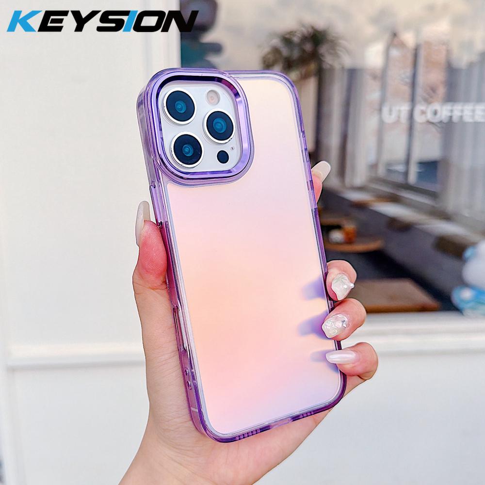 KEYSION Fashion Laser Gradient Colorful Phone Case for iPhone 16 Pro Max Soft TPU+PC Shockproof Back Cover for iPhone 16 Plus