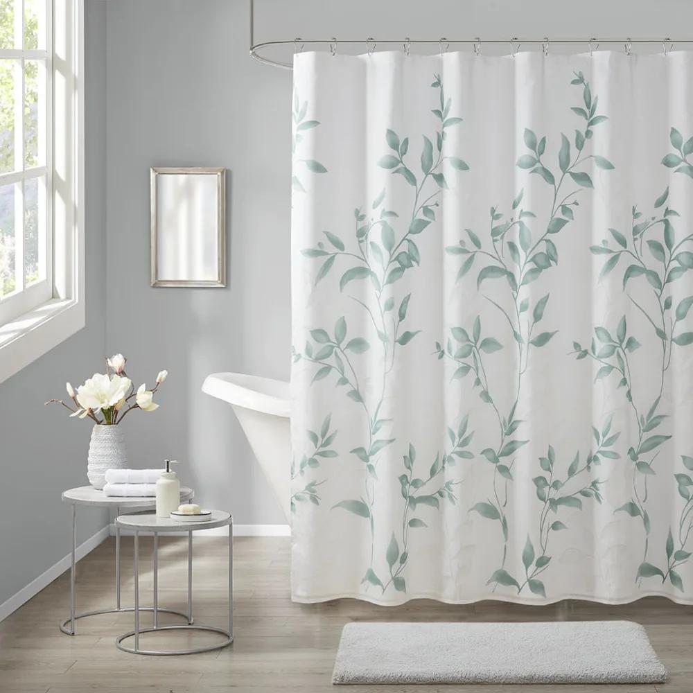 Cecily Botanical Curtain - Teal Leaves on White, 72x72", 12 Hooks, Quick-Dry, Machine Washable