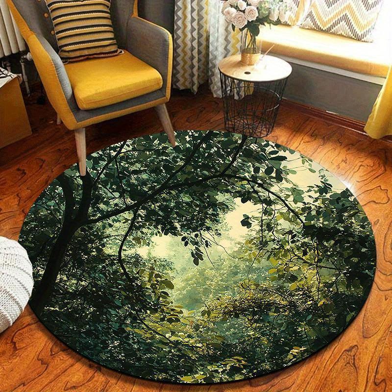 Round Forest Light and Shadow Print Rug Non-slip Floor Mat for Living Room Bedroom Meditation Space Home Decoration