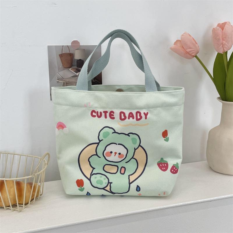 2 Cute Cartoon Printed Handbag Women's Large-capacity Canvas Shopping Bag Hand Carry Work Bento Bag