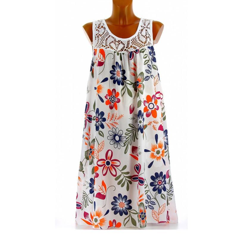 2026 Women s Sleeveless Lace Print Swing Dress S белый