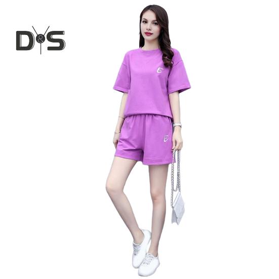 

Комплект из 2 предметов для женщин, летний комплект из топа с круглым вырезом и короткими рукавами, короткие спортивные штаны, повседневный спортивный костюм для бега, комплект для отдыха L фиолетовый