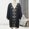 Cover Up Dress V-neck Long Sleeve Hollow Splicing Design Beach Cover Up Dress Pure Color Poolside Beachwear