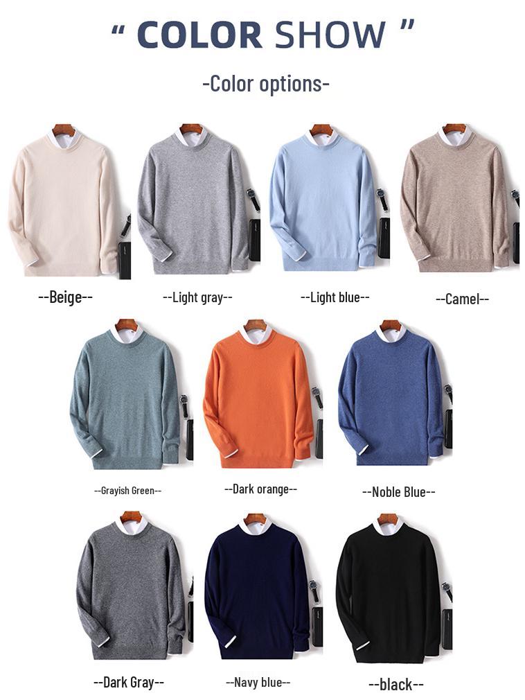Men's 100% Pure Wool Cashmere Crew Neck Sweater for Autumn and Winter