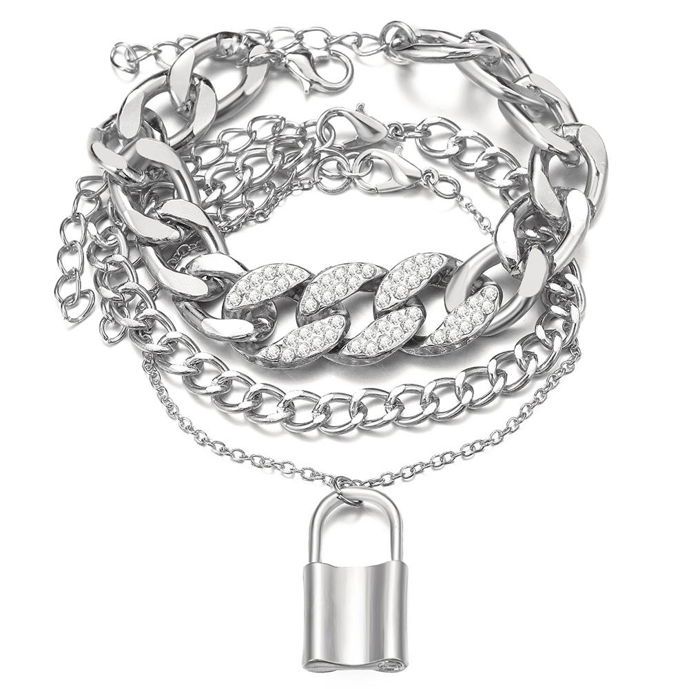 3Pcs/Set  Lock Pendant Anklet Set For Women Crystal Link Chain Ankle Bracelet On Leg Foot Girls Summer Beach Jewelry