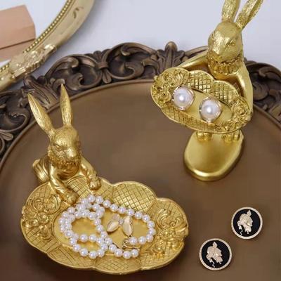 Small Bunny Statue Decor Jewelry Tray, Cute & Retro Golden Ornament Easter Rabbit Figurine for Accessories, Boutiques Display,Night Stand Home Décor