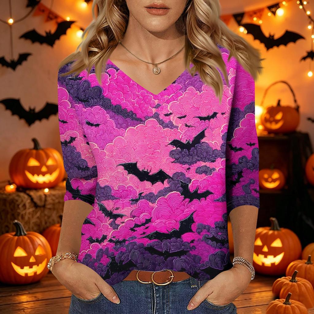 Damen Freizeit V-Ausschnitt Oberteil Halloween-Print Dreiviertelärm Leicht Bluse Lockerer Schnitt Pulloverhemd für die Herbstsaison
