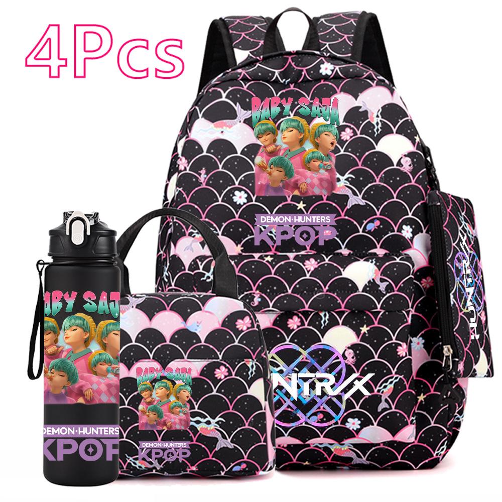 4Pcs/set Anime Cartoon Printed Backpack with Handbag Pencil Case 750Ml Water Bottler for Teenager Boy Girl Large Capacity Bookbag Schoolbag Mochila