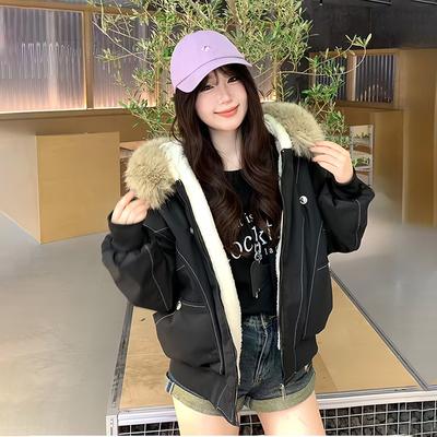 Parkas à Capuche Col Fourrure Rétro Américain Tendance Veste Courte d'Hiver pour Femmes Mode Coton Rembourré Vêtements d'Extérieur