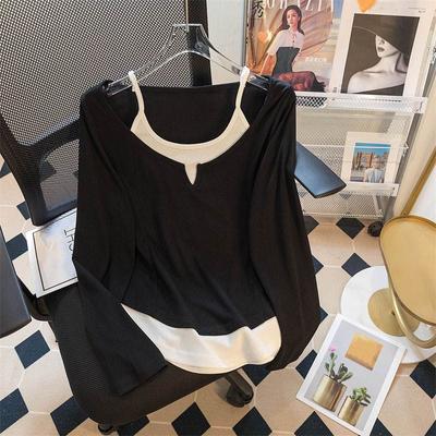 Big Size Tops Autumn Comfortable Stretch Long Sleeve False Two Piece T-Shirt Solid Color V-Neck Tops