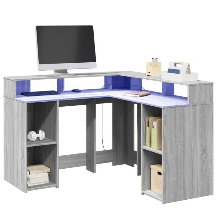 VidaXL Desk and LED Lights Sonoma Grey 130x130x91cm Engineered Wood, Computer Desk, Writing Desk, Furniture of 3309452