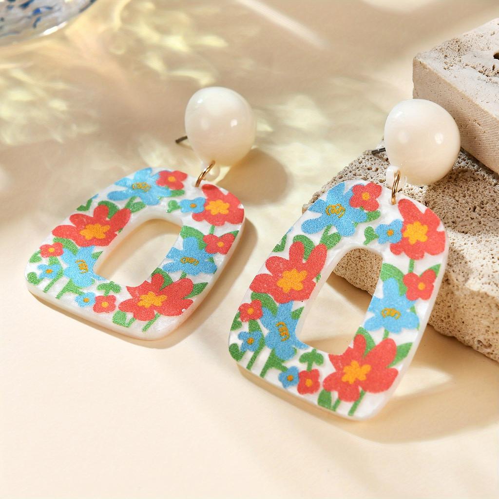 Geometric Acrylic Earrings Pendientes Earring For Women Retro Flower Contrast Color Square Earrings Acrylic Candy Color Earrings