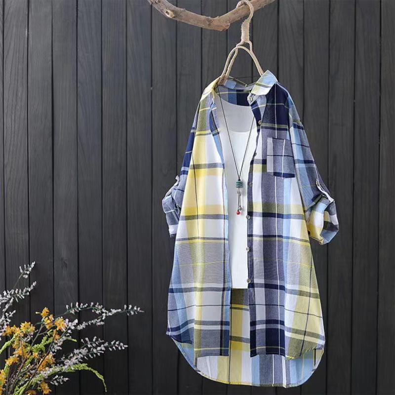 Plaid Cotton Mid Length Blouses Women Autumn Long Sleeve Elegant Casual Shirt Korean Fashion New Loose Button Blouses
