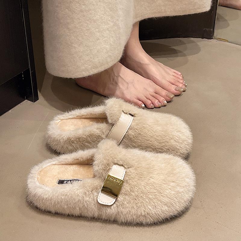 

Плюшевые плюшевые тапочки-полусапожки с плюшевой сумкой на голову женские осенне-зимние 2025 новые ленивые туфли Doudou без каблука хлопковые мопы 40 абрикосовый