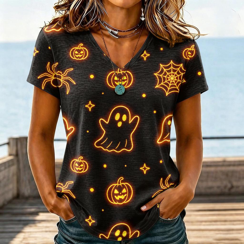 Women's Casual V-Neck Halloween Printed T-Shirt for Party Costume