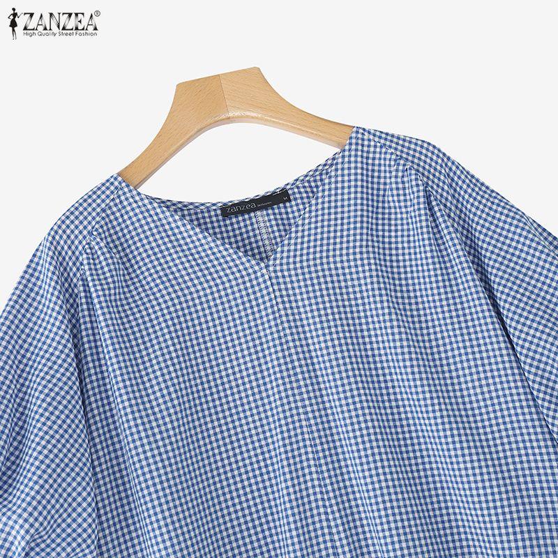 ZANZEA Women Casual V-Neck Loose Half Sleeve Grid Print Long Dress