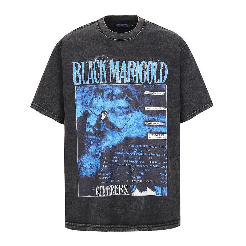 American Heavy Cotton Skull Print T-Shirt Vintage High Street Retro Washed T-Shirt Loose Short Sleeve Men