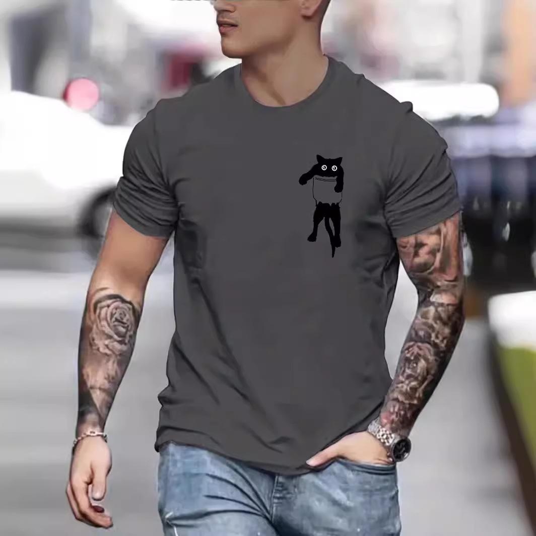 

Summer Round Neck Pocket Cat Pattern Printed Top Fashionable Casual Pure Cotton Short Sleeved Men s T-shirts 3XL темно-серого