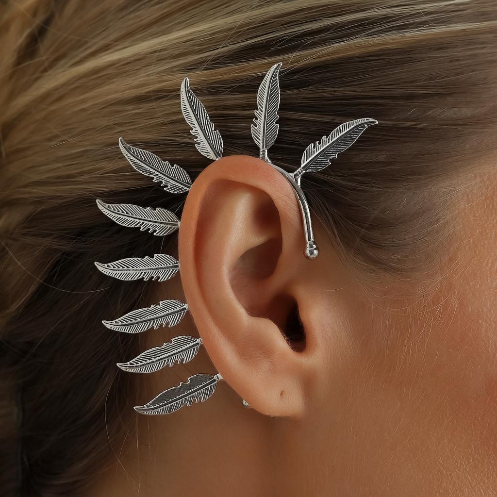 Metal Feather Ear Hanging, Integrated Ear Clips Without Ear Piercings, Exaggerated Design Earrings