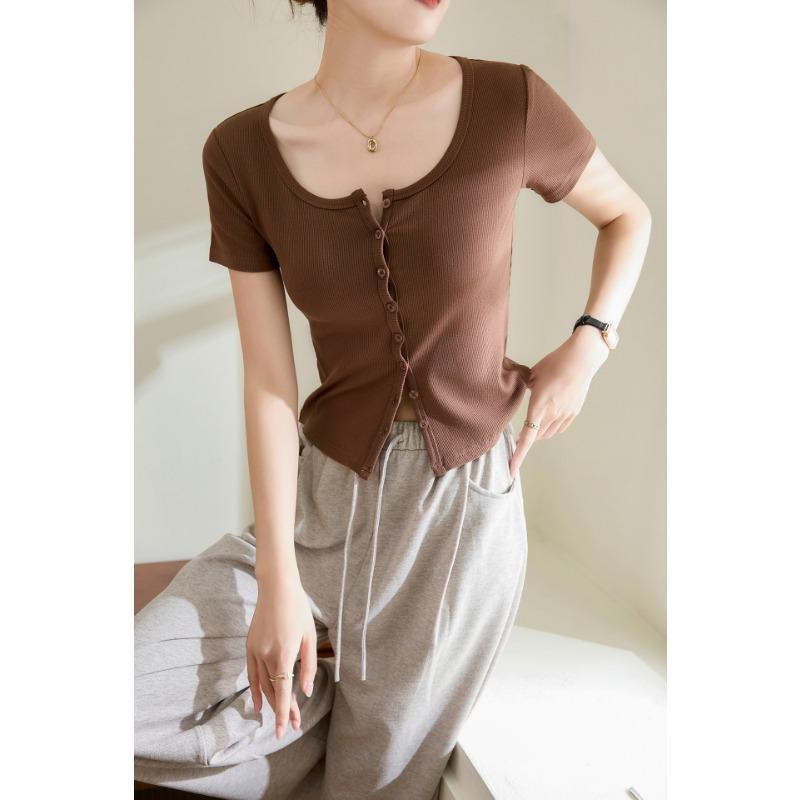 Women's Single Row of Buttons T-shirt Short-sleeved Summer New Threaded Cotton High-waisted Short Tops