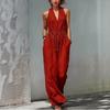 Women's Halter Neck Sleeveless Jumpsuit Loose Fit Elastic Waist Solid Color Wide Leg Pants Casual Romper