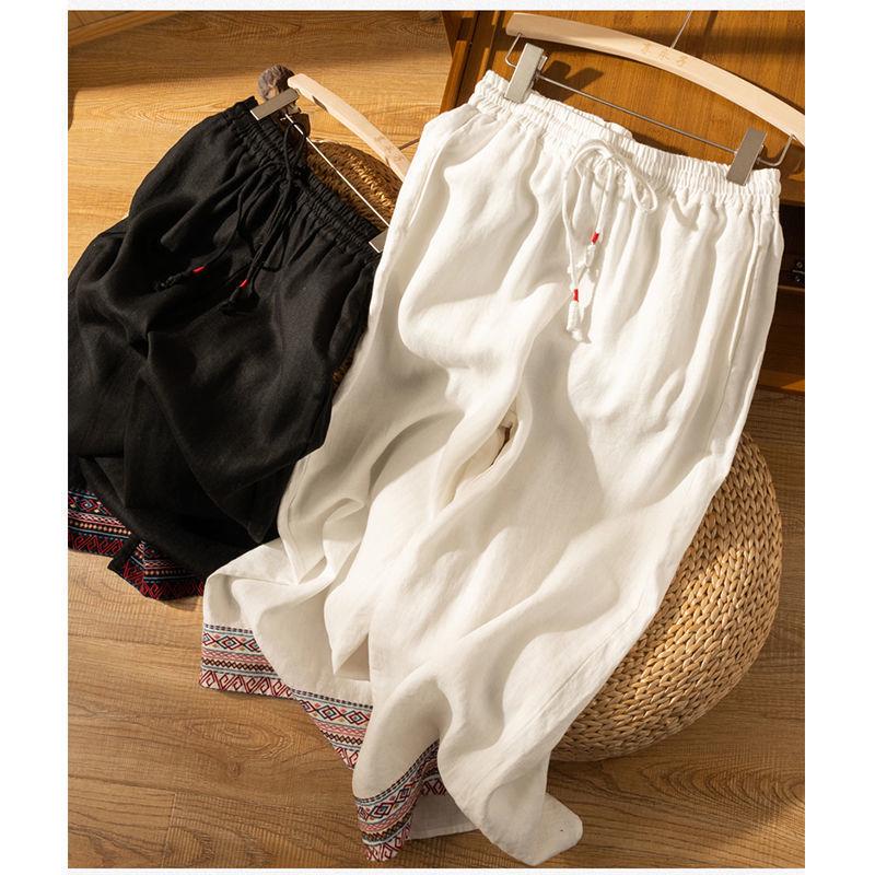 2024 Spring Summer Women's Cotton Linen Embroidered Wide-Leg High-Waist Casual Pants