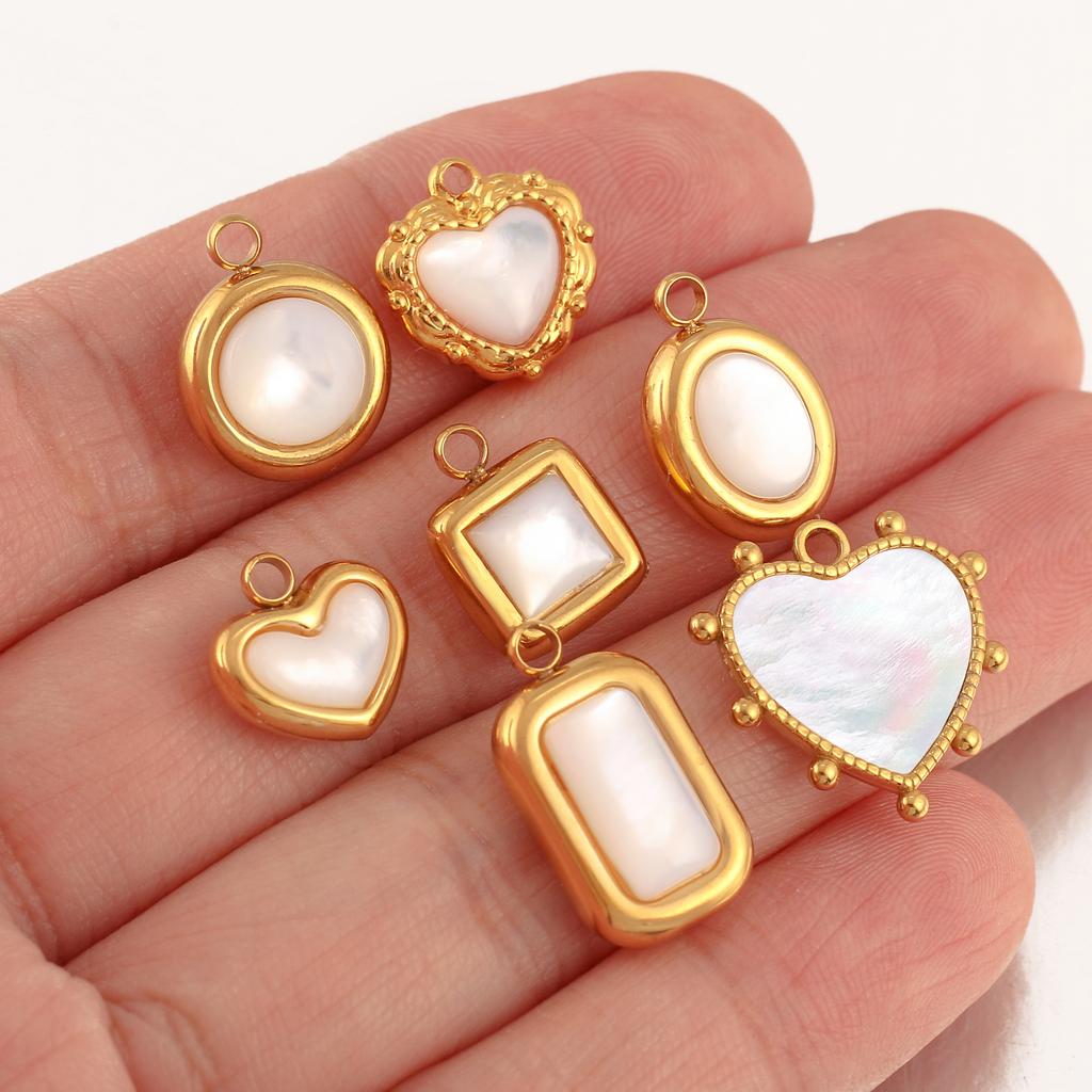 3Pcs Natural Sea Shell Hearts/Angel/Square Shape Charms Stainless Steel Gold Color Pendants DIY Necklace Bracelet Jewelry Making