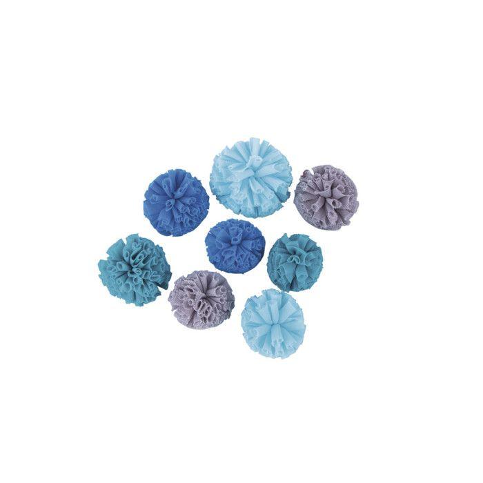 Soft Tulle Pompons assortis, tons bleu - gris, ø4cm+ø5cm, Boite 8 pces