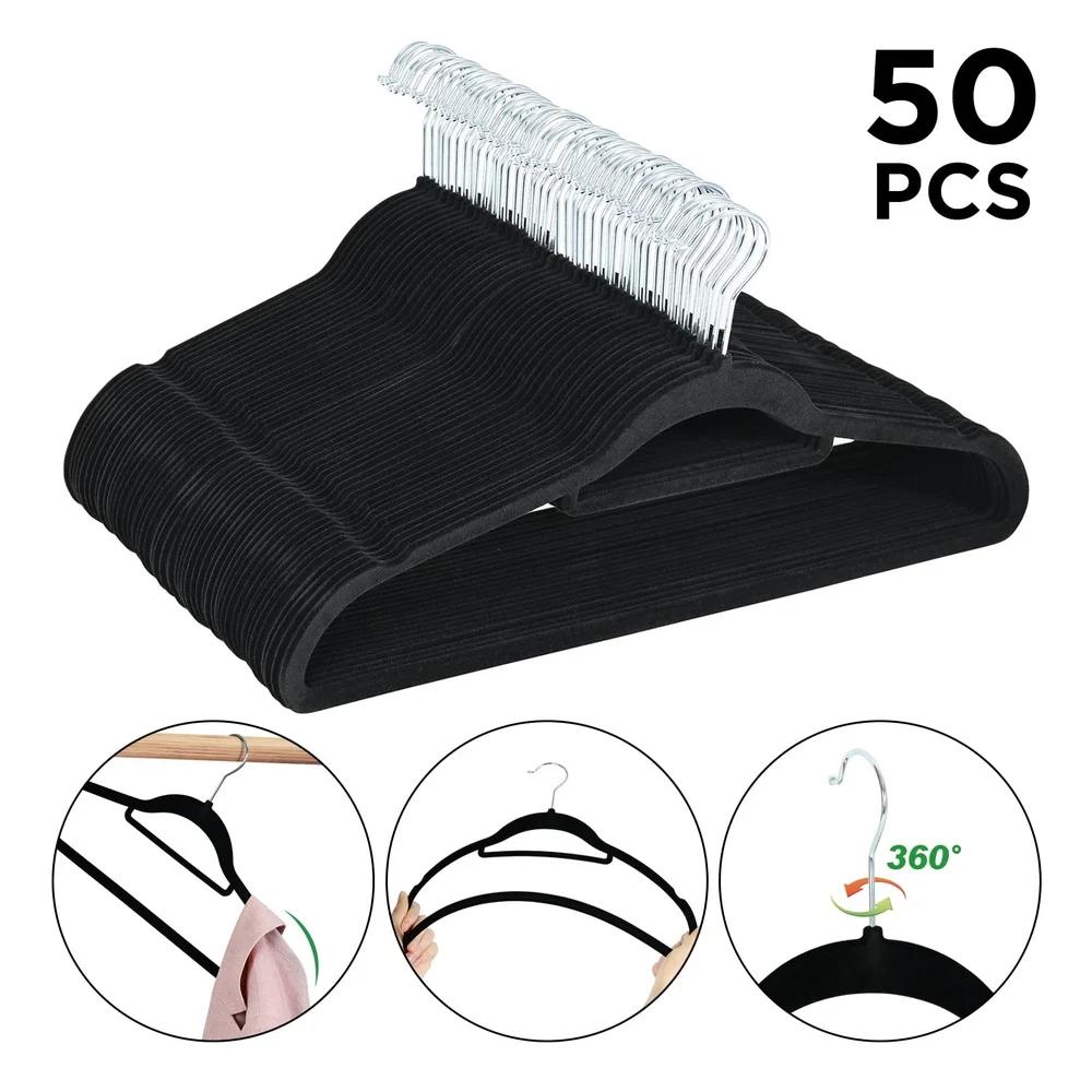 

Премиальные вельветовые вешалки, 50 штук, нескользящие, прочные, сверхпрочные вешалки для пальто, крючок с вращением на 360 градусов, органайзер для шкафа, экономящий место United States