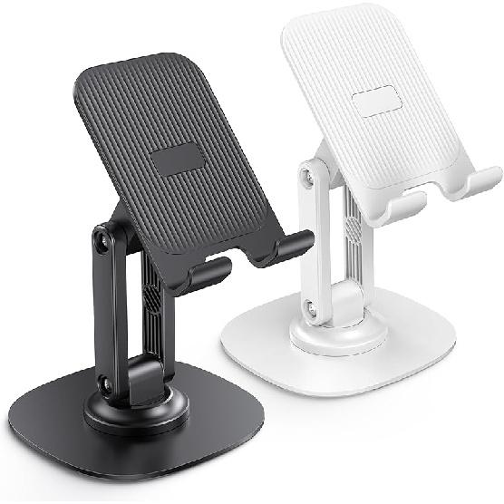 OMOTON Cell Phone Stand for Desk, 2 Pack Adjustable Foldable Phone Holder, 360 Swivel Mobile Stand Fit for iPhone 17 16 15 14 13 Pro Max and All Black & White