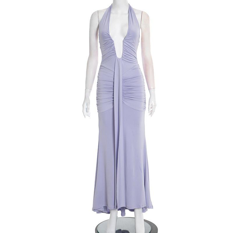 

Elegant Women s Halter V-neck Backless Lace-Up Shirred Long Dress Small фиолетовый