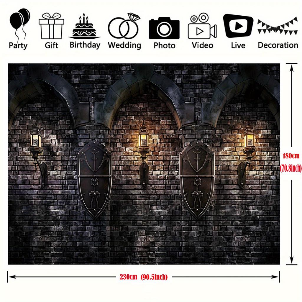 A Gothic castle background, ancient brick and stone walls of a medieval castle, decorated with universal party banners