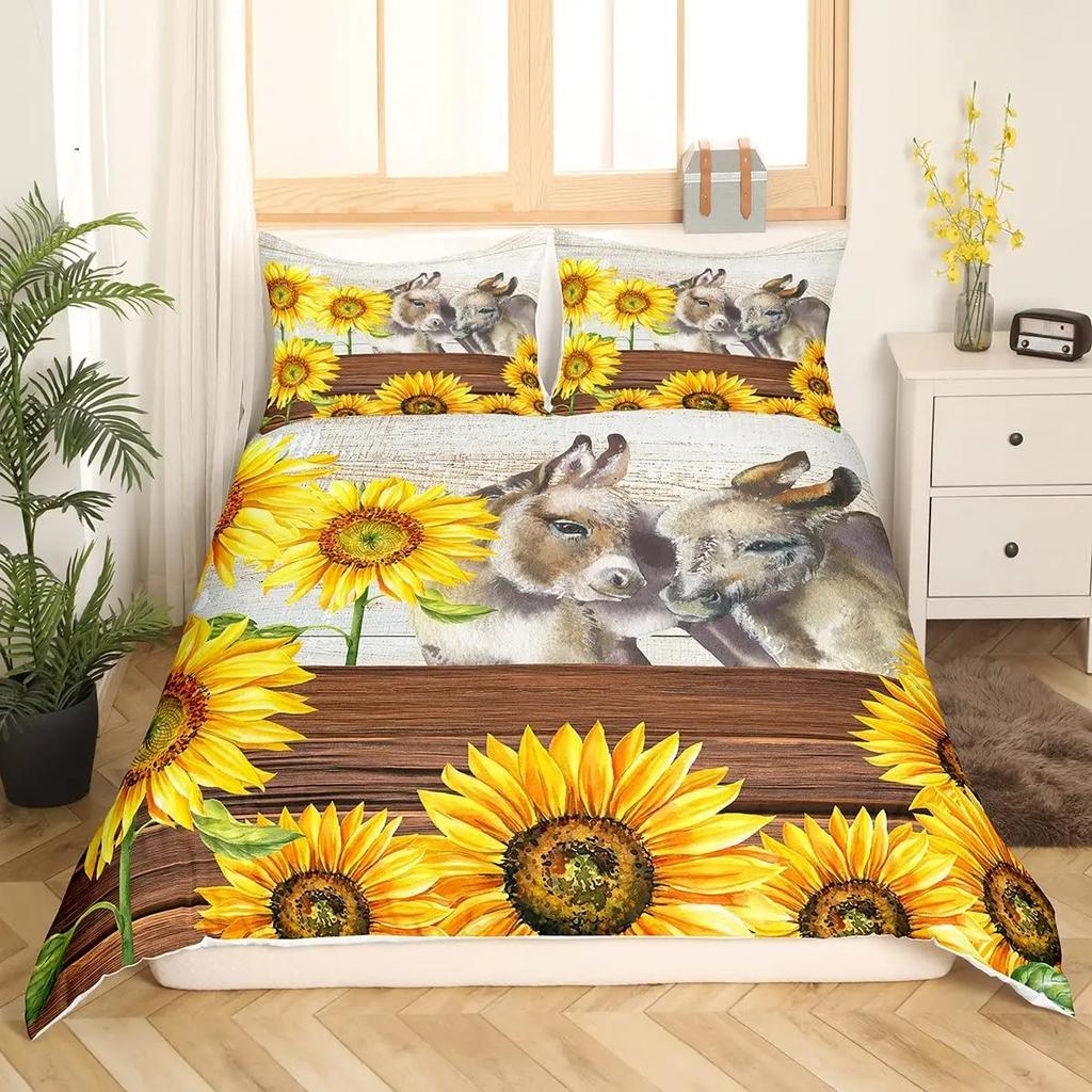 Donkey King Queen Duvet Cover Cartoon Funny Donkey Bedding Set Farmhouse Animal Comforter Cove Sunflower Polyester Quilt Cover