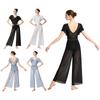Women Stage Dancewear Backless Sparkly Bodysuit with Ruffled Sleeves and Split Wide Leg Pants for Lyrical Performance