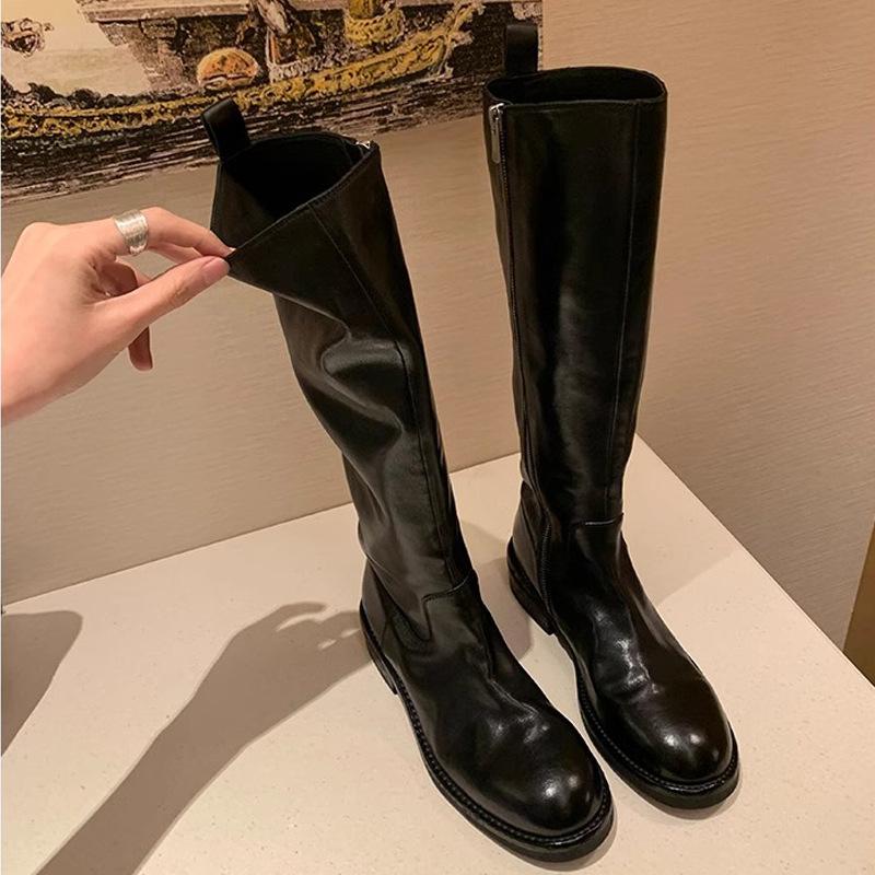 Grape mother new model, washed horse leather inside and out, thick heel, thick-soled high boots, side zipper, simple and thin knight boots for women