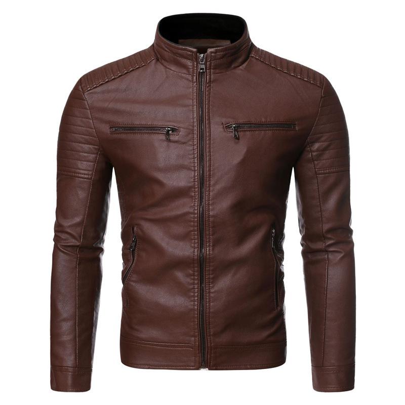 Men's Spring and Autumn Stand Collar Striped PU Leather Jacket Motorcycle Leather Jacket