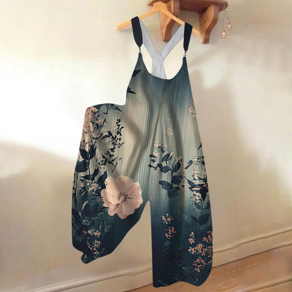 Women's Summer Strappy Pants Floral Print Vintage Jumpsuit ,Non-Adjustable Straps,