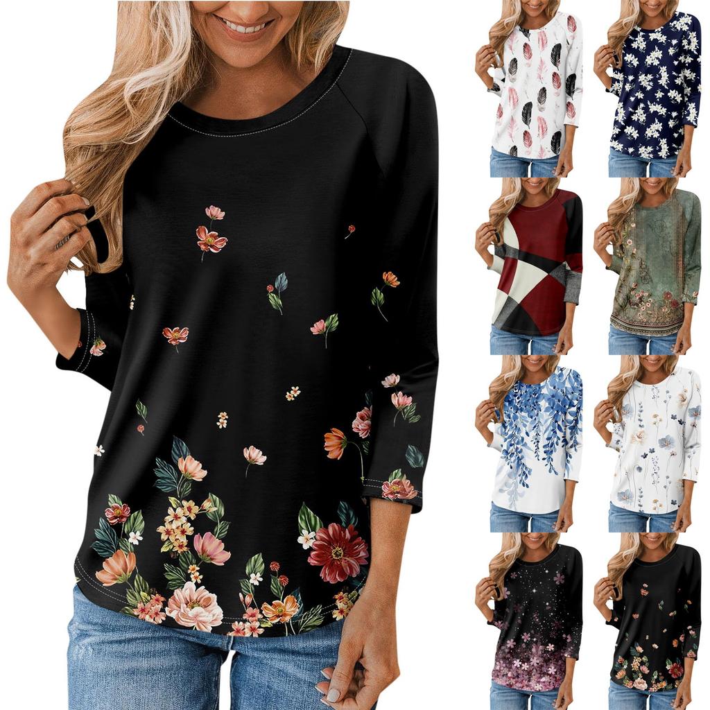 Košile pro dámskou módu Ležérní Raglánový rukáv kulatý výstřih 3/4 rukáv Volný Potištěné tričko Dámské Top