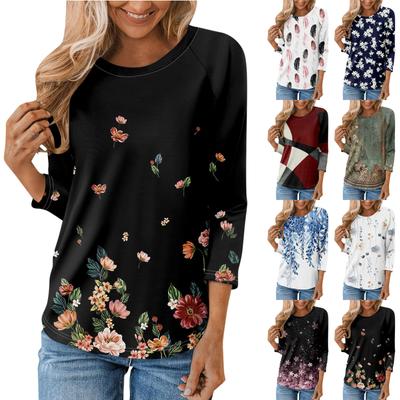 Shirt For Women's Fashion Casual Raglan Sleeve Round Neck 3/4 Sleeve Loose Printed T-Shirt Ladies Top