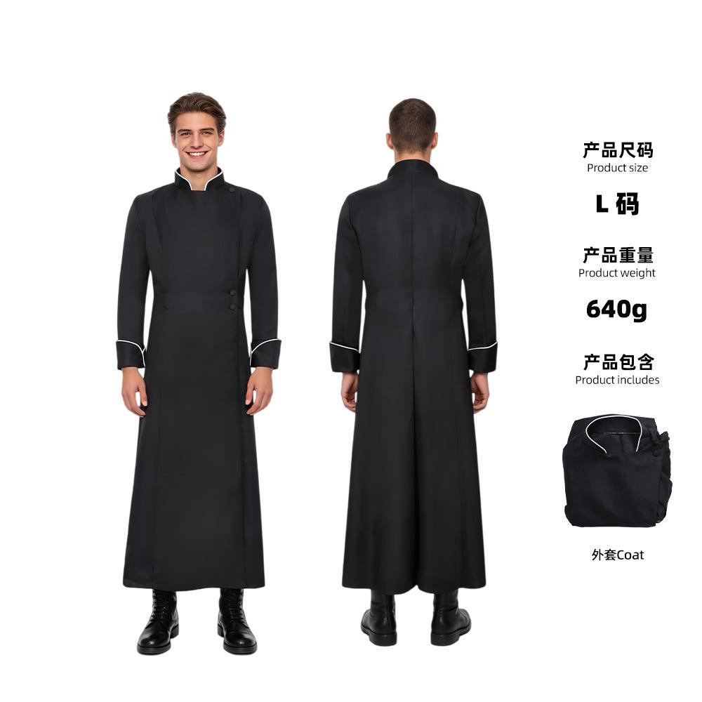 W Halloween Cassock priest costume black long medieval stand-up collar priest robe cosplay costume X s(adult)