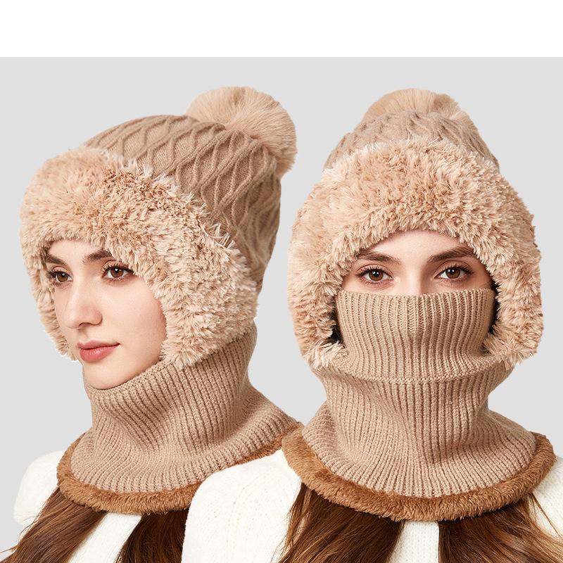 Knitted Hat Thick Velvet Mask Scarf All-in-one Hat   Winter Warm Hat for Women