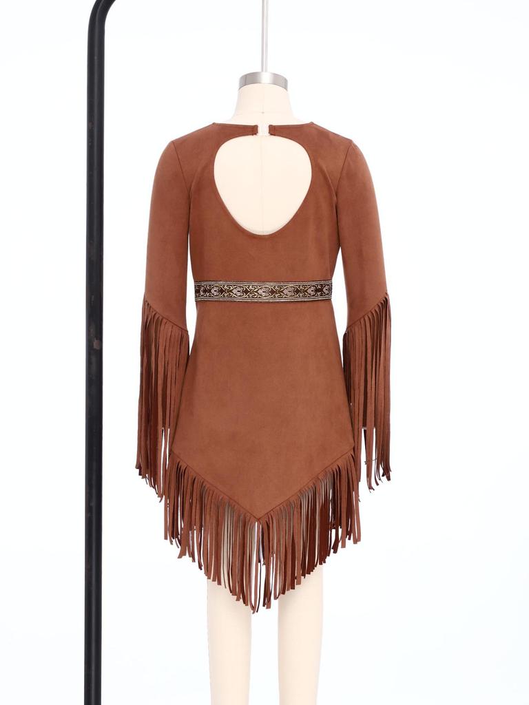 Abiti Nativi Americani Completi per Bambine: Costume con Scollo a V e Lunghe Frange, Bordi con Nappe e Zip Nascosta per Feste a Tema