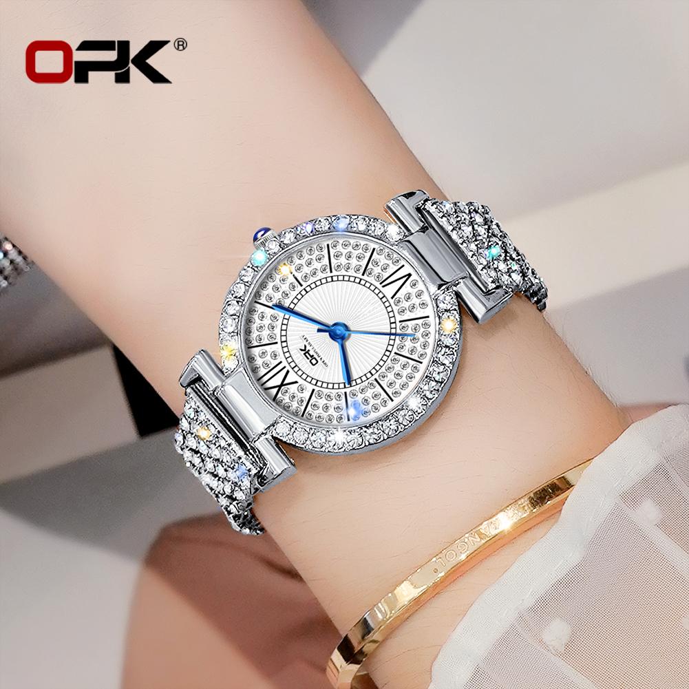 OPK Brand Full Diamond Waterproof Roman Scale Steel Belt Ladies Quartz Watch 8618