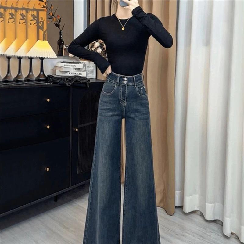 Jeans a Zampa Larga Vita Alta Retro da Donna Petite, Vestibilità Larga, Snellente, Lunghezza Pavimento, Stile Inverno 2025